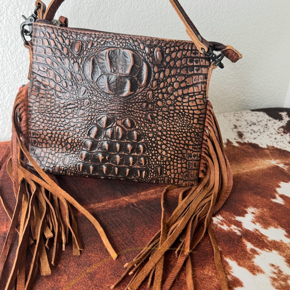 Brown Crocodile Pattern Fringe Bag